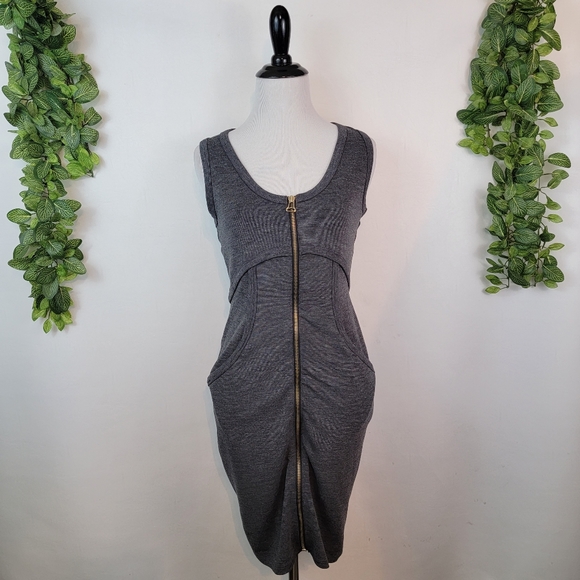 T BY ALEXANDER WANG Zip Front Ponte Tank Charcoal Grey Dress, Pockets XS X Small - Picture 3 of 16